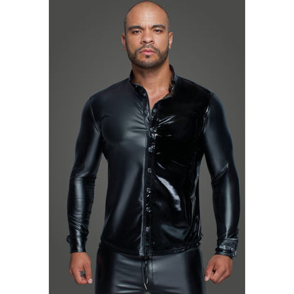 Powerwetlook PVC Long Sleeved Shirt w Button Placket-H064-BLK-S