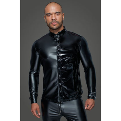 Powerwetlook PVC Long Sleeved Shirt w Button Placket-H064-BLK-S