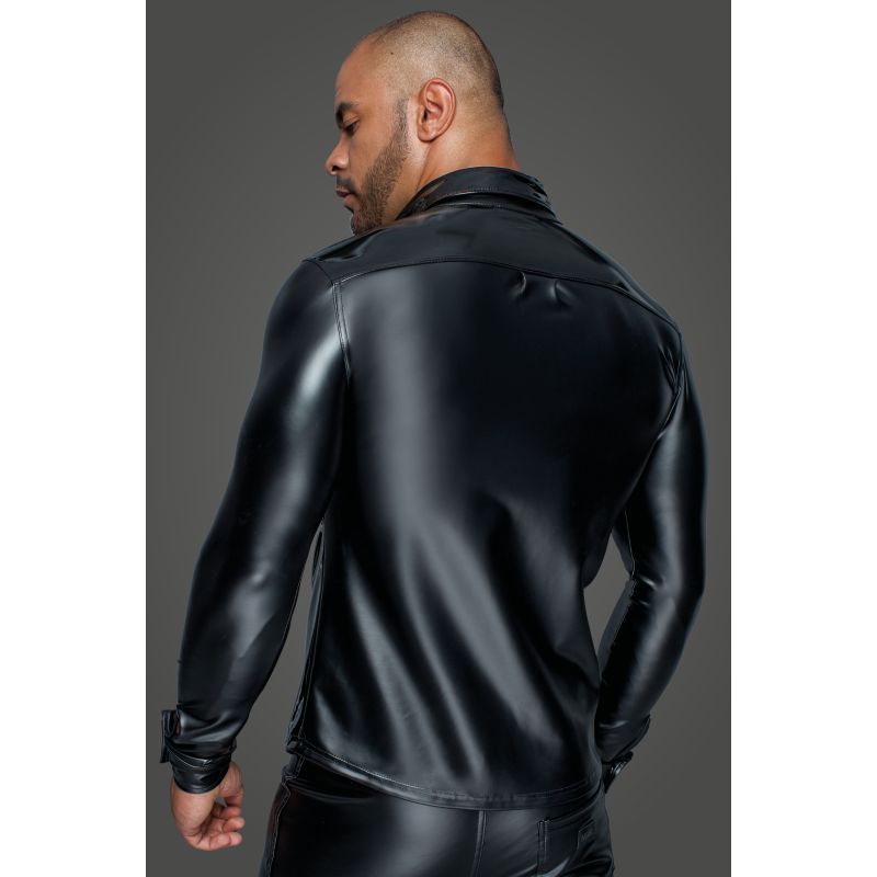 Powerwetlook PVC Long Sleeved Shirt w Button Placket-H064-BLK-S