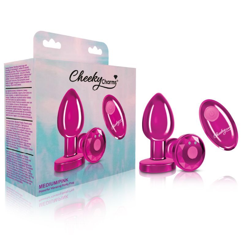 Cheeky Charms Pink Rechargeable Vibrating Metal Butt Plug w Remote Medium-VB-CC147