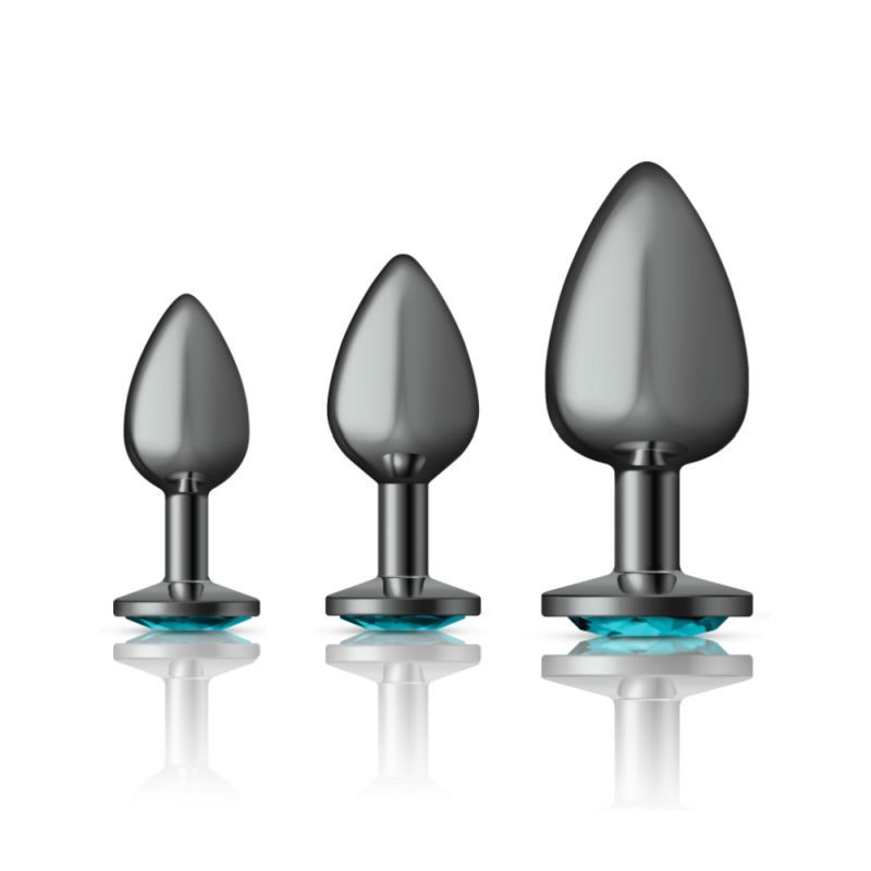 Cheeky Charms Round Metal Butt Plug Gunmetal 3 Pc Kit w Teal Jewel-VB-CC9150