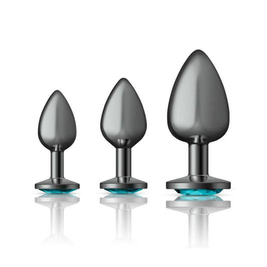 Cheeky Charms Round Metal Butt Plug Gunmetal 3 Pc Kit w Teal Jewel-VB-CC9150