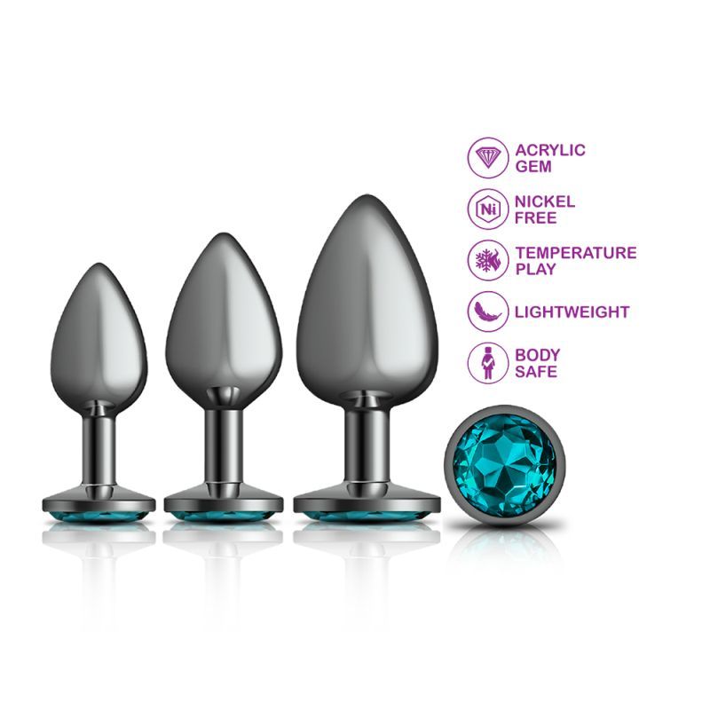 Cheeky Charms Round Metal Butt Plug Gunmetal 3 Pc Kit w Teal Jewel-VB-CC9150
