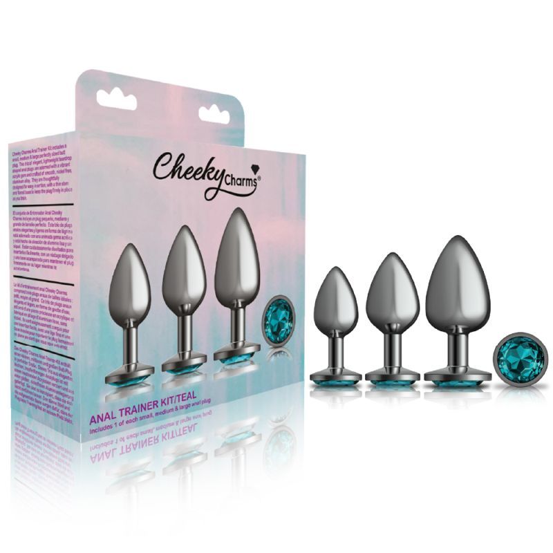 Cheeky Charms Round Metal Butt Plug Gunmetal 3 Pc Kit w Teal Jewel-VB-CC9150