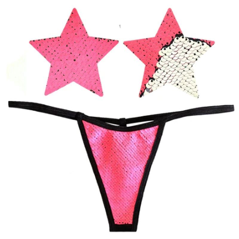Bitchin Neon Pink and Silver Blacklight Sequin Pastie and Panty Set-GST-BBA-NK