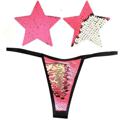 Bitchin Neon Pink and Silver Blacklight Sequin Pastie and Panty Set-GST-BBA-NK