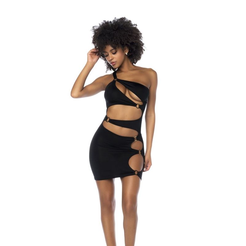 Asymmetrical Cut Out Dress w Ring Details Black-40006-BLK-L/XL