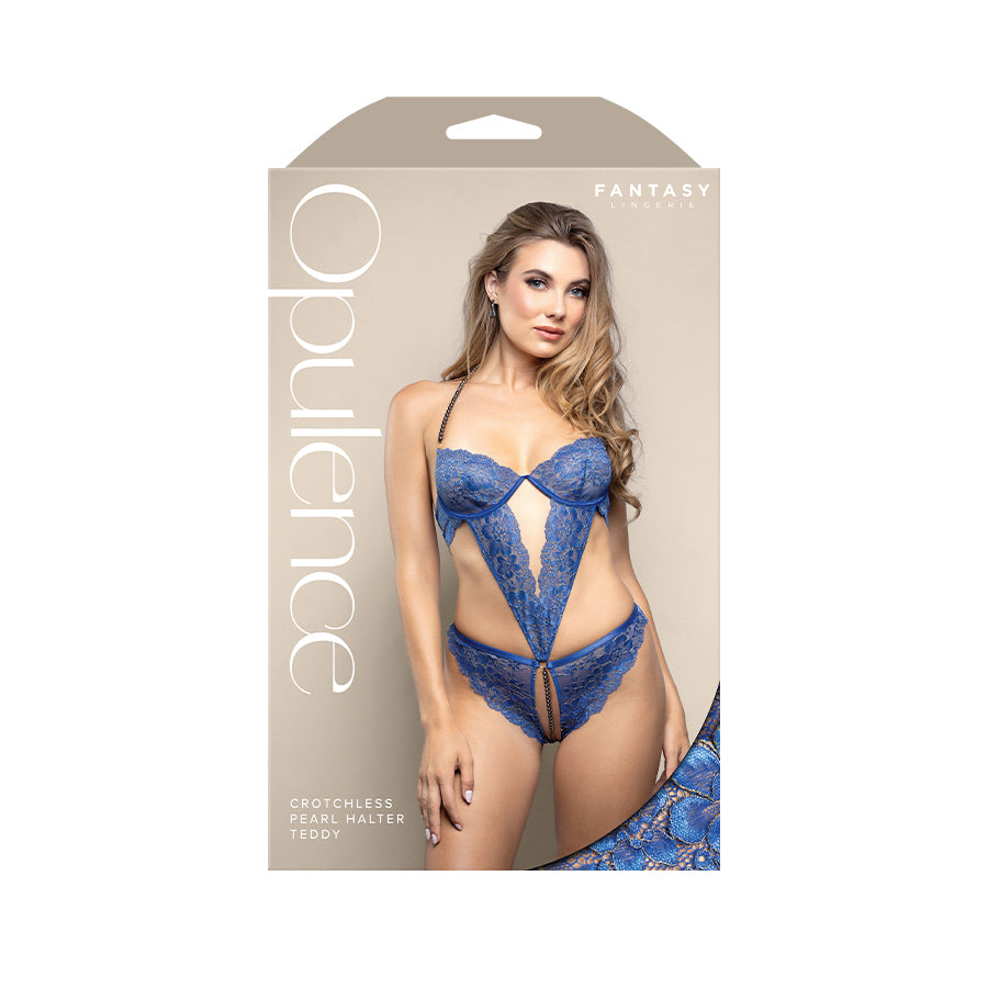 OPULENCE Crotchless Pearl Halter Teddy SM - Royal Blue - S/M Size - 2642BLU-SM-B