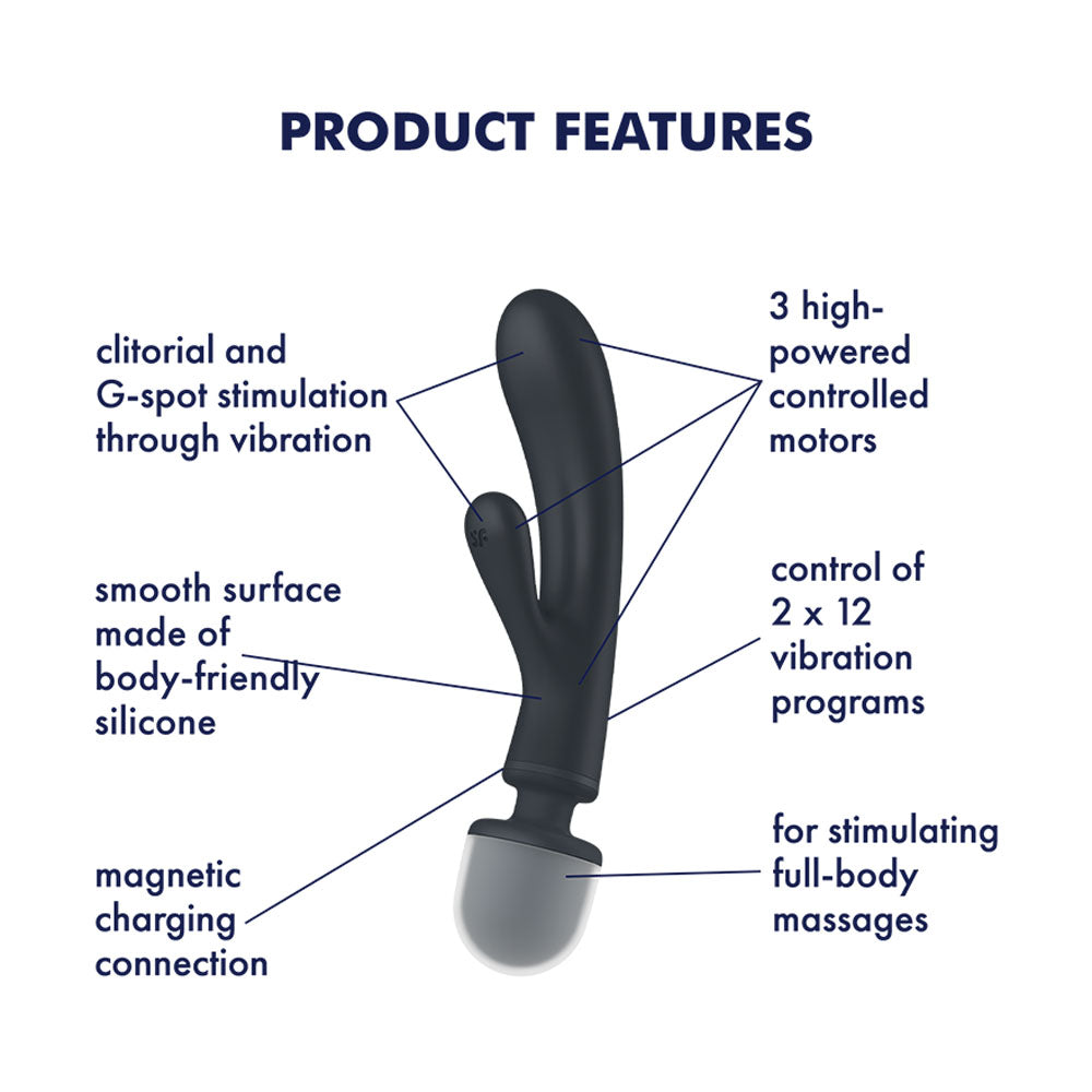 Satisfyer Triple Lover - Grey USB Rechargeable Rabbit Vibrator and Massage Wand-4018201