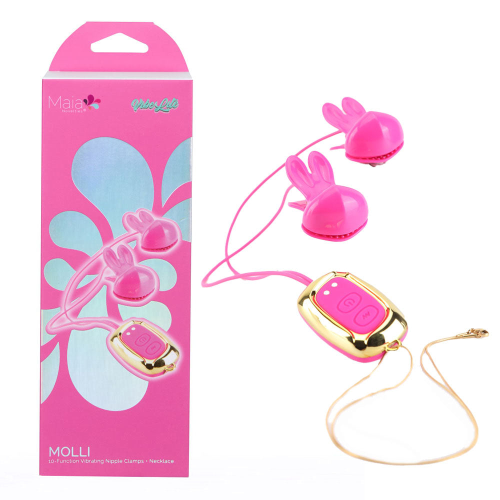 Maia MOLLI - Pink - Pink USB Rechargeable Vibrating Nipple Clamps & Necklace-BO-25-20-PINK