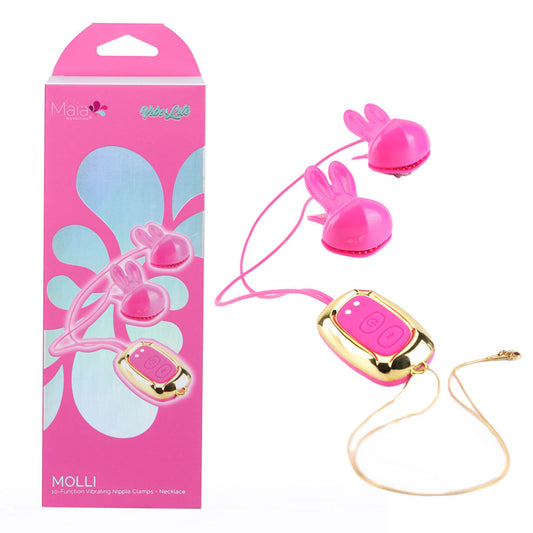 Maia MOLLI - Pink - Pink USB Rechargeable Vibrating Nipple Clamps & Necklace-BO-25-20-PINK