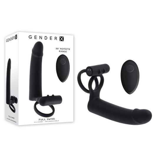 Gender X FULL SWING - Black USB Rechargeable Vibrating Cock Ring with Double Penetrator Dildo-GX-RS-6343-2