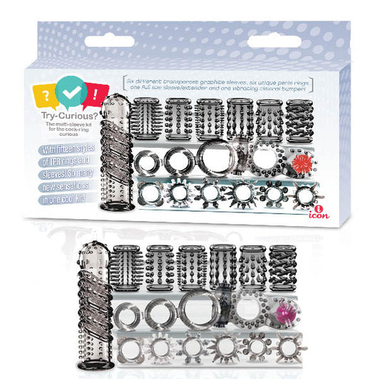 Try-Curious Cock Ring & Sleeve Set - Clear - 15 Piece Set-IC8014-2
