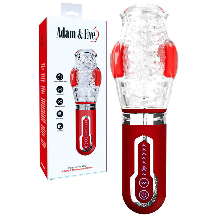 Adam & Eve PLEASURE PRO 3000 - Clear/Red USB Rechargeable Thrusting & Rotating Auto Stroker-L432 6000