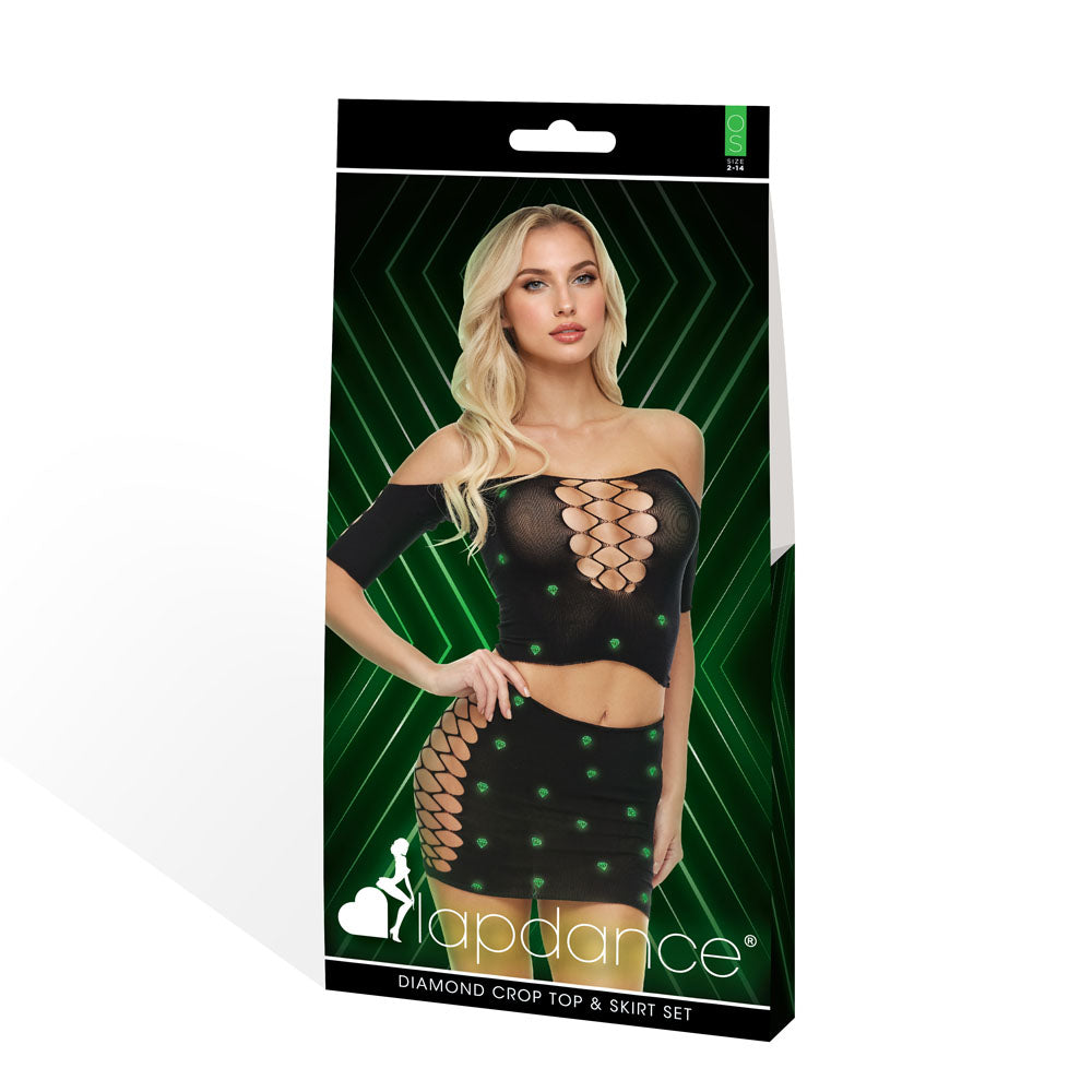 LAPDANCE Diamond Crop Top & Skirt Set - OS - Black with Glow in Dark Pattern - One Size - LC141