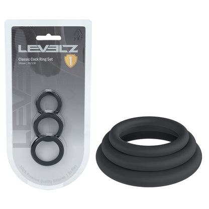 LEVELZ Classic Silicone Cock Ring Set - XS/S/M - Black Cock Rings - Set of 3 Sizes - LVL01-0006BLK
