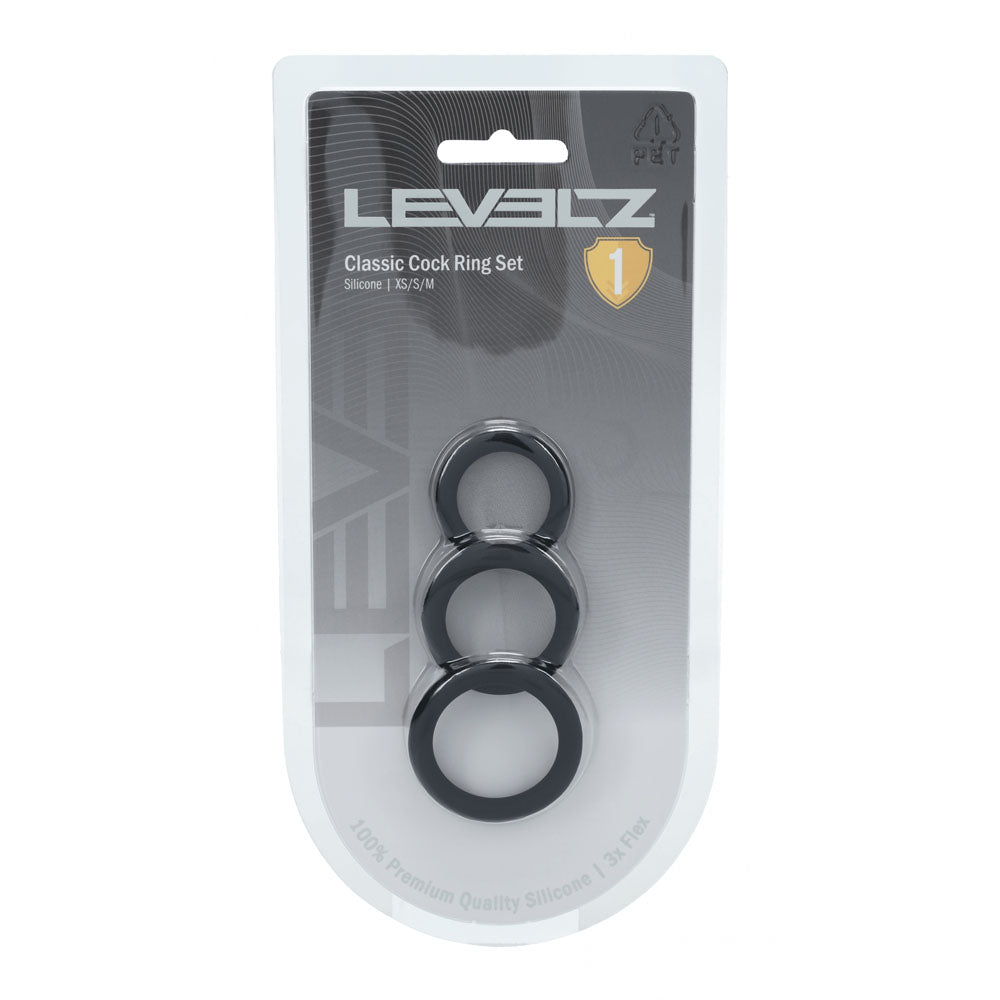LEVELZ Classic Silicone Cock Ring Set - XS/S/M - Black Cock Rings - Set of 3 Sizes - LVL01-0006BLK