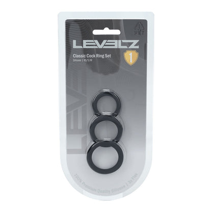 LEVELZ Classic Silicone Cock Ring Set - XS/S/M - Black Cock Rings - Set of 3 Sizes - LVL01-0006BLK