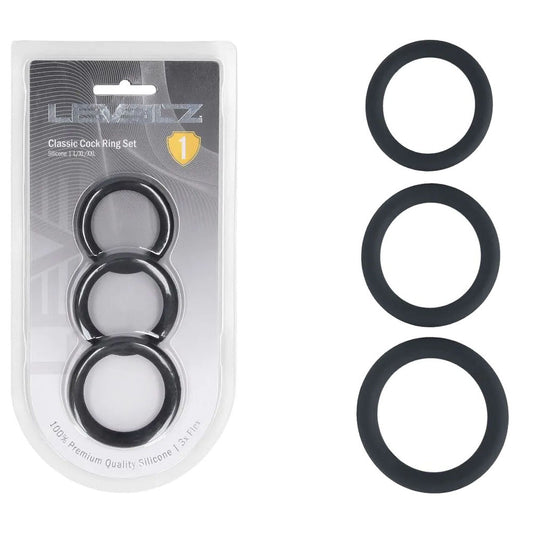 LEVELZ Classic Silicone Cock Ring Set - L/XL/XXL - Black Cock Rings - Set of 3 Sizes-LVL01-0007BLK
