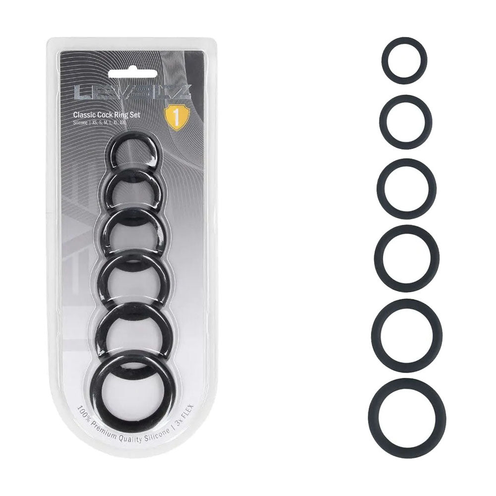LEVELZ Classic Silicone Cock Ring Set of 6 - Black Cock Rings - Set of 6 Sizes-LVL01-0008BLK