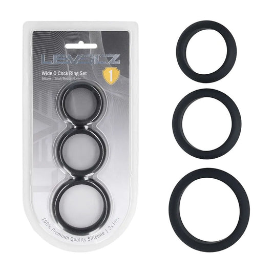 LEVELZ Wide O Silicone Cock Ring Set of 3 - S/M/L - Black Cock Rings - Set of 3 Sizes-LVL01-0014BLK