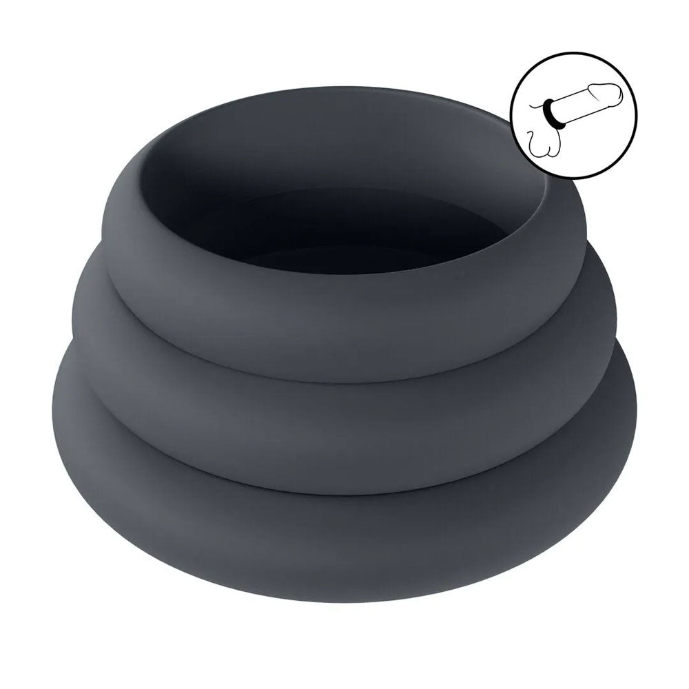 LEVELZ Wide O Silicone Cock Ring Set of 3 - S/M/L - Black Cock Rings - Set of 3 Sizes-LVL01-0014BLK