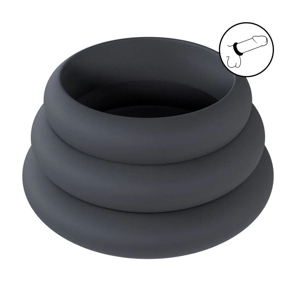 LEVELZ Wide O Silicone Cock Ring Set of 3 - L/XL/2X - Black Cock Rings - Set of 3 Sizes-LVL01-0015BLK