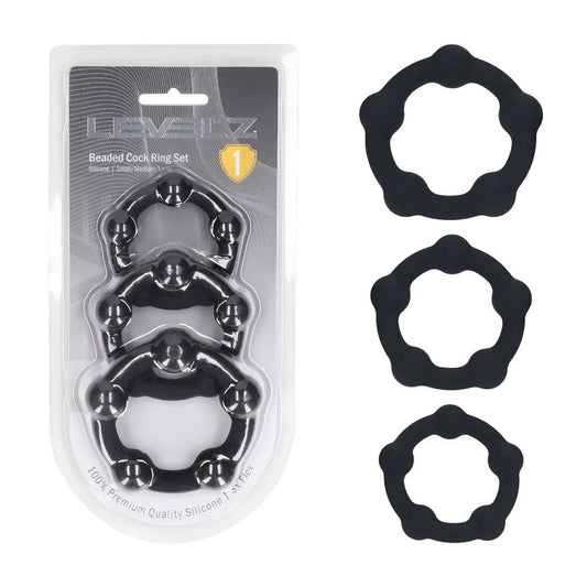 LEVELZ Beaded Silicone Cock Ring Set of 3 - Black - Black Cock Rings - Set of 3 Sizes-LVL01-0024BLK