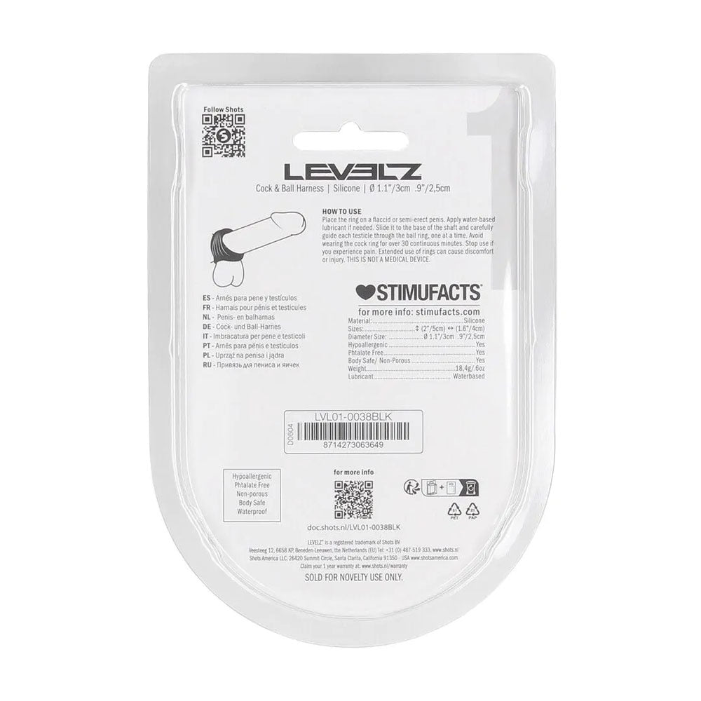 LEVELZ Silicone Cock & Ball Harness - Black - Black Cock & Ball Ring-LVL01-0038BLK
