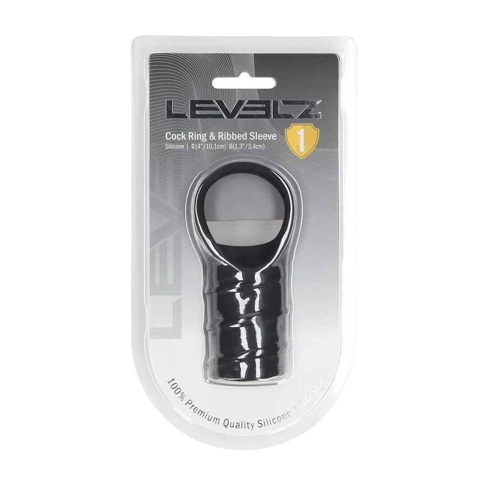 LEVELZ Silicone Cock Ring & Ribbed Sleeve - Black Cock Ring with Sleeve-LVL01-0045BLK