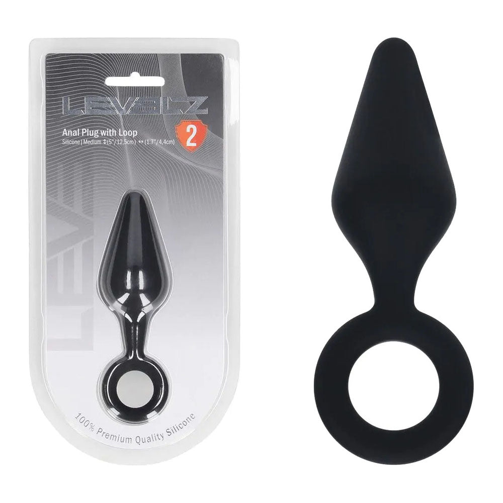 LEVELZ Silicone Anal Plug with Loop - Medium - Black - Black Medium Butt Plug-LVL02-0007BLK