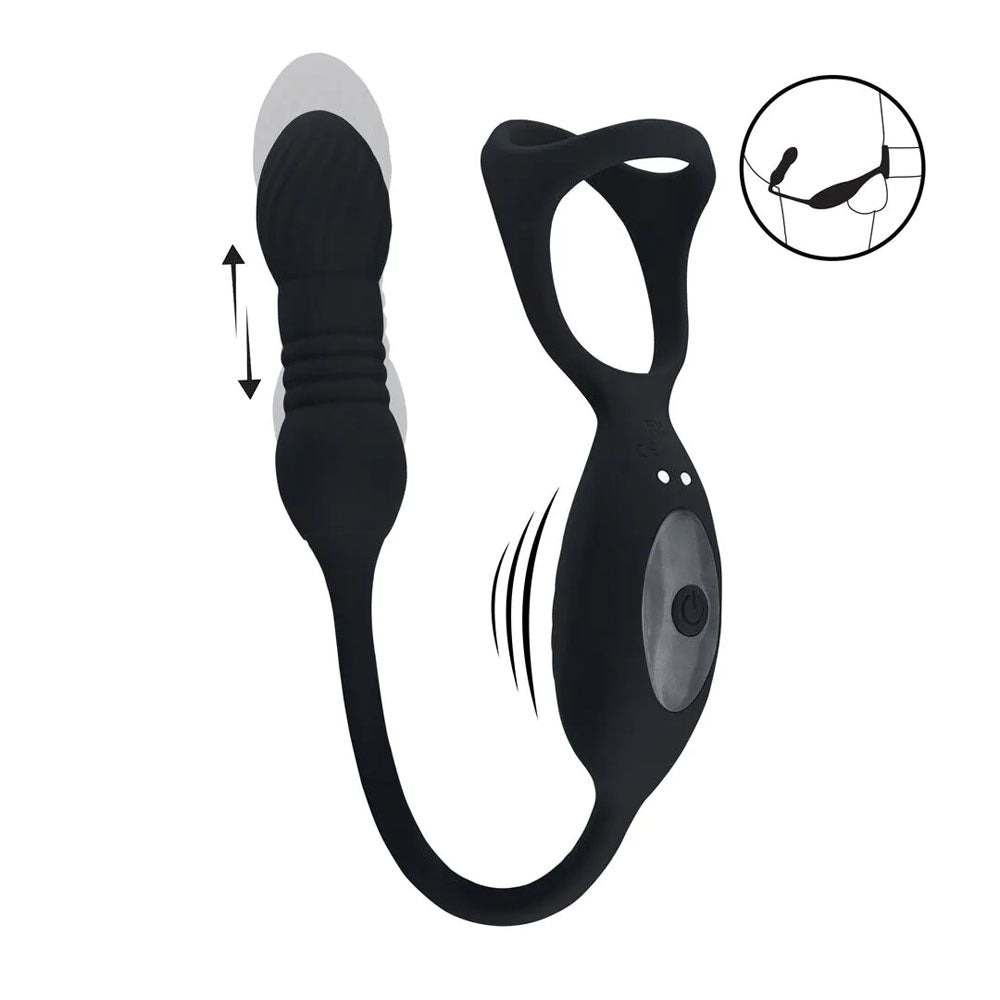 LEVELZ Vibrating & Thrusting TriO Cock Ring with Prostate Stimulator - Black USB Rechargeable Vibrating Cock Ring with Thrusting Prostate Plug-LVL03-0033BLK