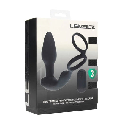 LEVELZ Dual Vibrating Prostate Stimulator with Cock Ring - Black USB Rechargeable Vibrating Butt Plug with Cock Ring-LVL03-0043BLK