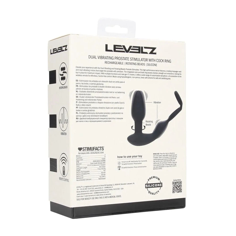 LEVELZ Dual Vibrating Prostate Stimulator with Cock Ring - Black USB Rechargeable Vibrating Butt Plug with Cock Ring-LVL03-0043BLK