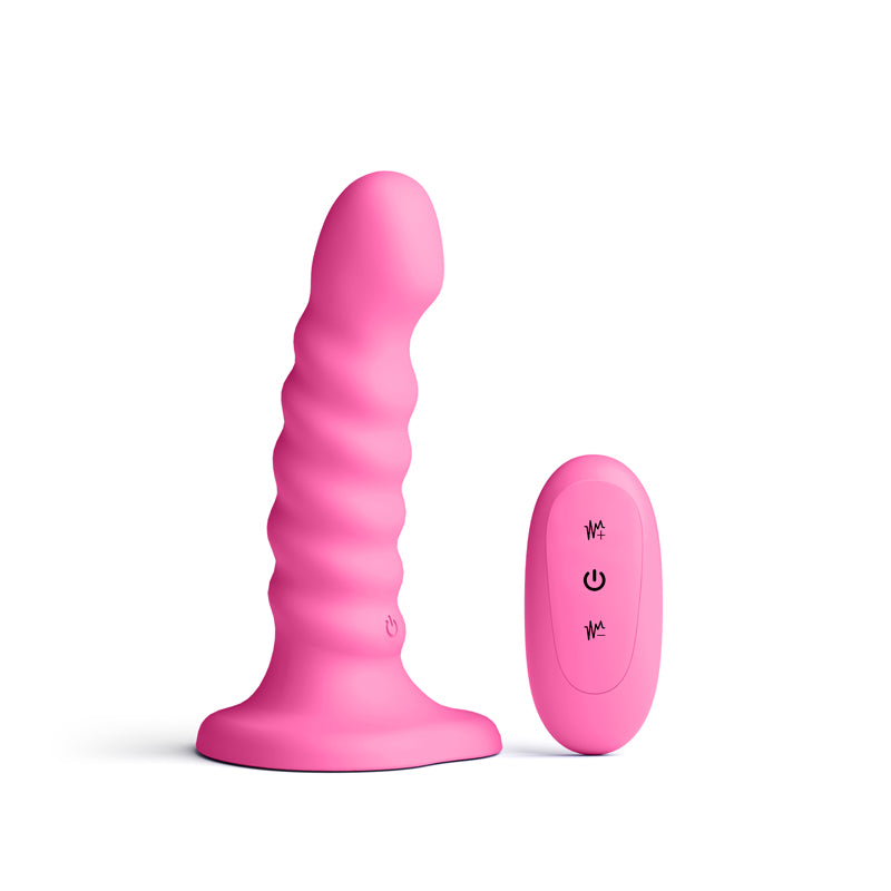 Colours Ribbed - 5 Vibrating Dildo - Pink - Pink 14.5 cm USB Rechargeable Vibrating Dildo with Wireless Remote - NSN-0401-44