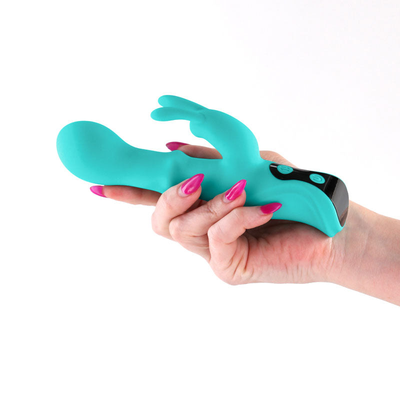 INYA Cyberluxe - Aqua - Aqua 18 cm USB Rechargeable Rabbit Vibrator with Sliding Ring Shaft-NSN-0560-48