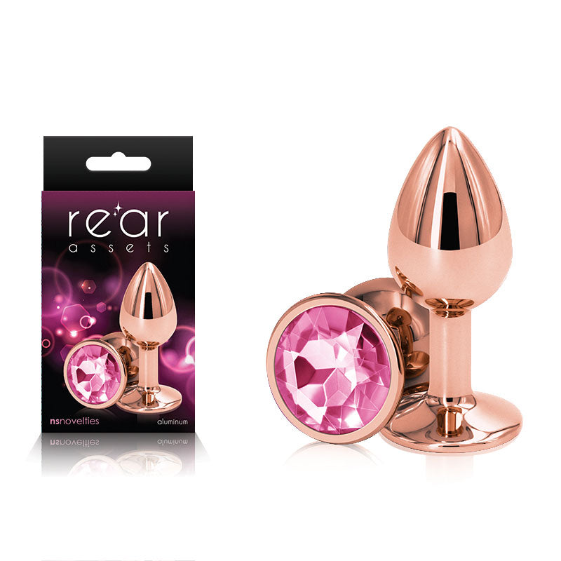 Rear Assets Rose Gold Small - Rose Gold Small Metal Butt Plug with Pink Gem Base-NSN-0961-14