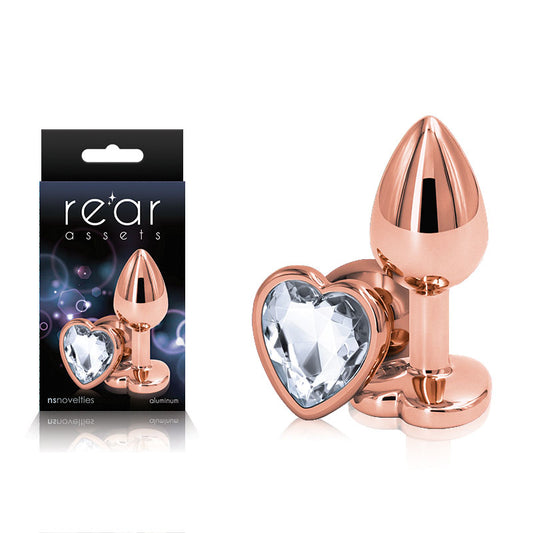Rear Assets Rose Gold Heart Small - Rose Gold Small Metal Butt Plug with Clear Heart Gem Base-NSN-0963-11