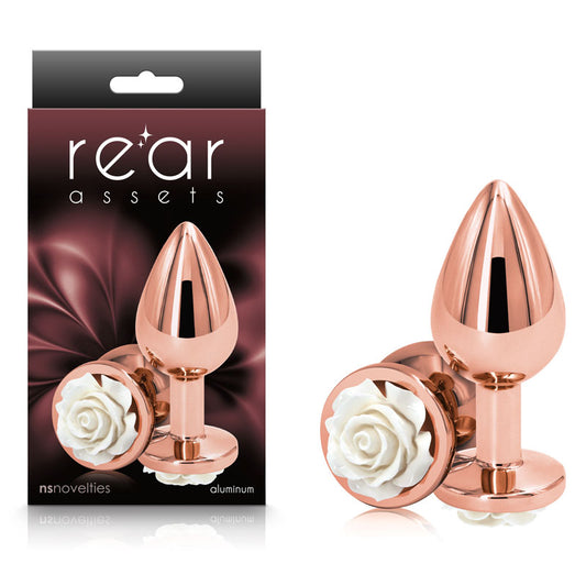 Rear Assets Rose - Medium - Rose Gold 8.9 cm Metal Butt Plug with White Rose Base-NSN-0965-21