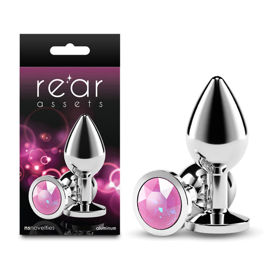 Rear Assets Silver - Medium - Pink Gem - Silver Medium Metal Butt Plug with Pink Gem Base - NSN-0970-14
