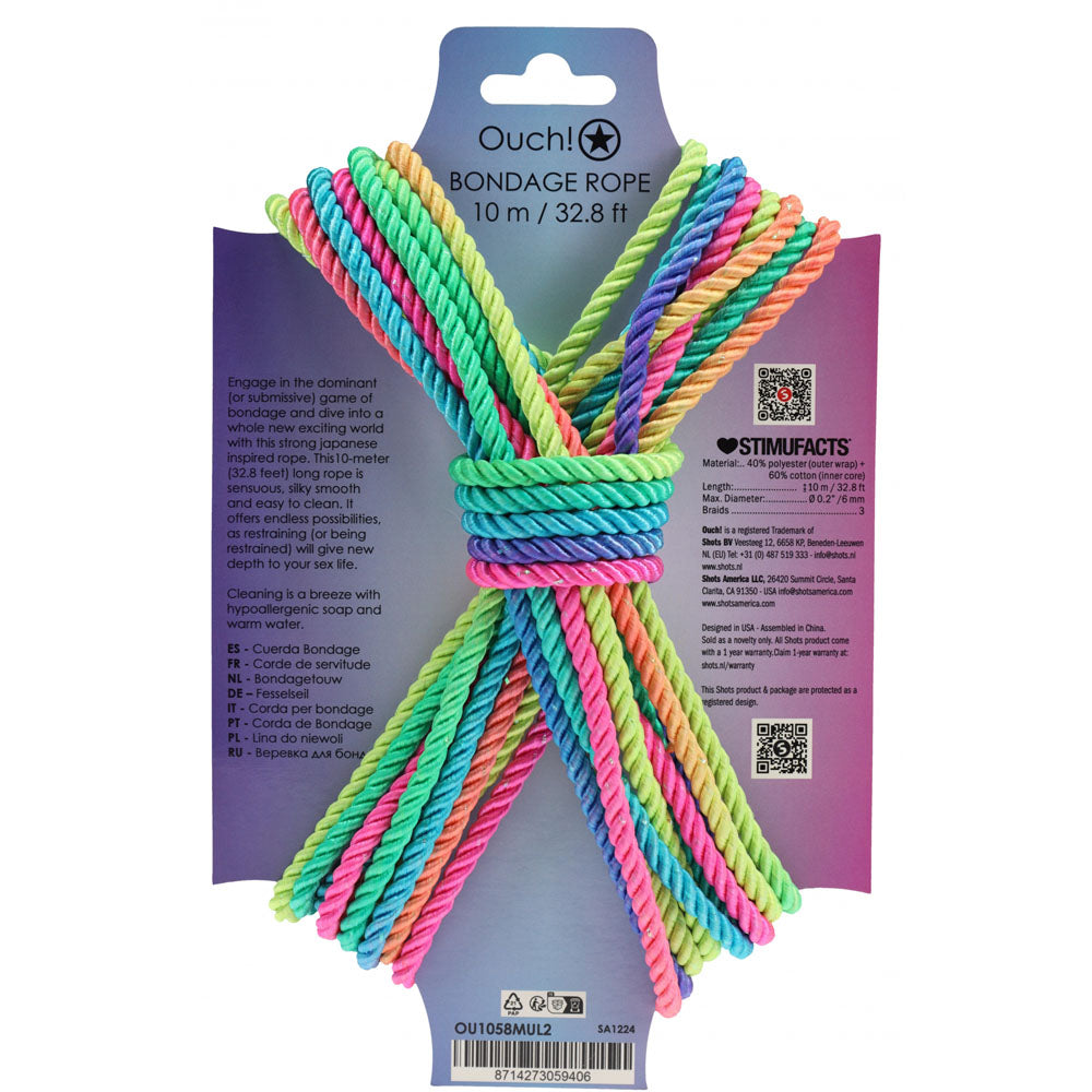 OUCH! Bondage Rope - 10 M - Multicolour 2 - Multicoloured Nylon Bondage Rope - 10 metre Length-OU1058MUL2