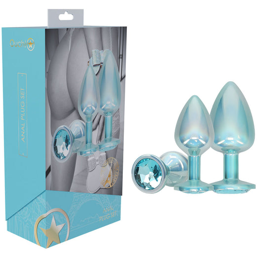 OUCH! Paris Collection - Metal Anal Plug Set - Blue - Metallic Blue Butt Plugs with Gem Bases - Set of 3 Sizes-OU1059BLU