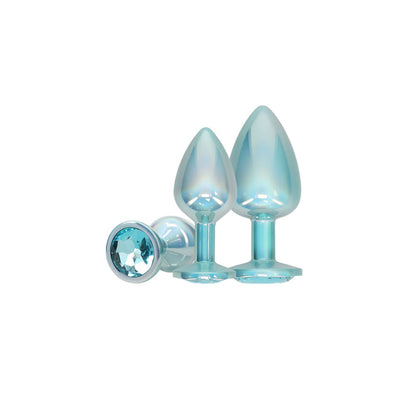 OUCH! Paris Collection - Metal Anal Plug Set - Blue - Metallic Blue Butt Plugs with Gem Bases - Set of 3 Sizes-OU1059BLU