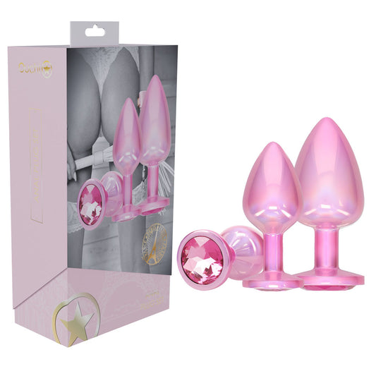OUCH! Paris Collection - Metal Anal Plug Set - Pink - Metallic Pink Butt Plugs with Gem Bases - Set of 3 Sizes-OU1059PNK