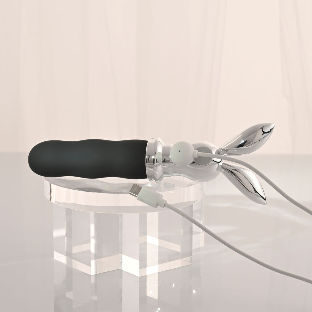 Playboy Pleasure BUNNY ON THE GO - Black/Chrome 18.6 cm USB-C Rechargeable Vibrator - PB-RS-6664-2