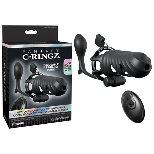 Fantasy C-Ringz Remote-Controlled Vibrating Cock Blocker with Ass-Gasm Plug - Black Vibrating Cock Cage with Anal Plug-PD5970-23