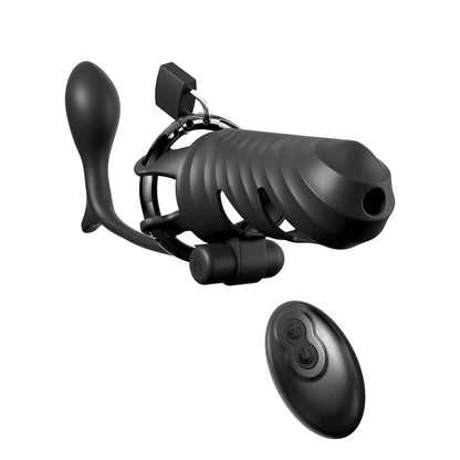 Fantasy C-Ringz Remote-Controlled Vibrating Cock Blocker with Ass-Gasm Plug - Black Vibrating Cock Cage with Anal Plug-PD5970-23