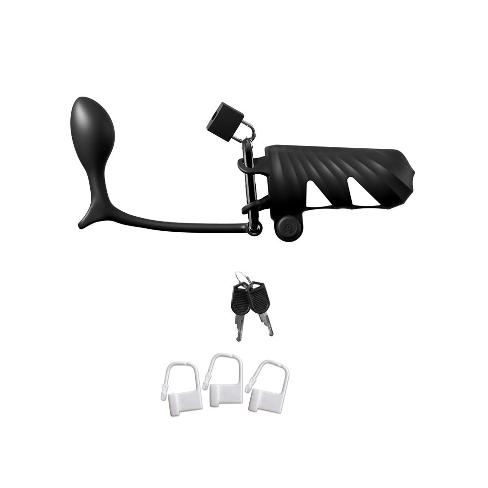 Fantasy C-Ringz Remote-Controlled Vibrating Cock Blocker with Ass-Gasm Plug - Black Vibrating Cock Cage with Anal Plug-PD5970-23