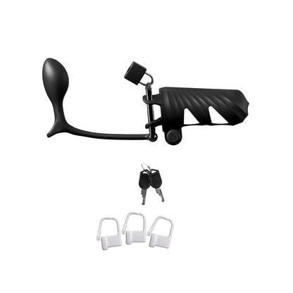 Fantasy C-Ringz Remote-Controlled Vibrating Cock Blocker with Ass-Gasm Plug - Black Vibrating Cock Cage with Anal Plug-PD5970-23