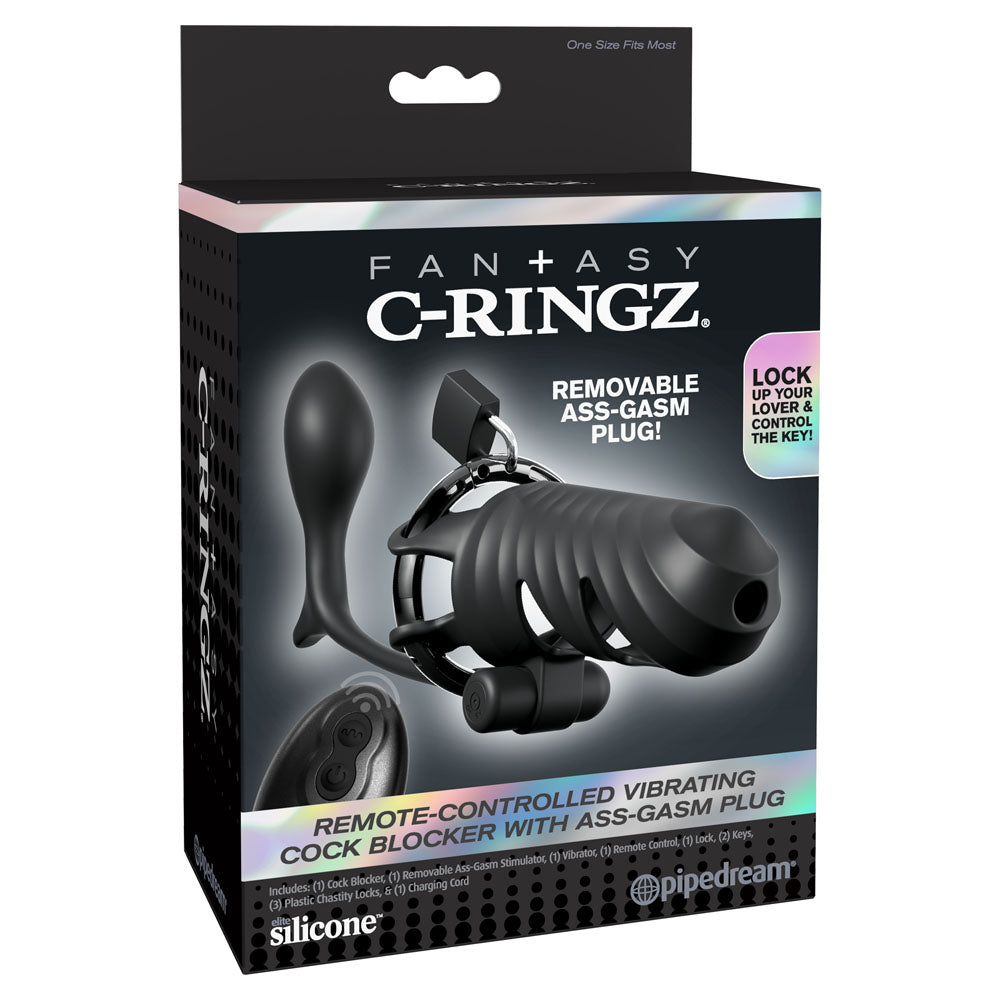 Fantasy C-Ringz Remote-Controlled Vibrating Cock Blocker with Ass-Gasm Plug - Black Vibrating Cock Cage with Anal Plug-PD5970-23